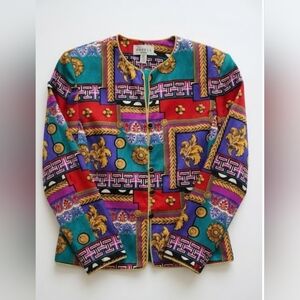 Adrianna Papell Silk Jacket Petite 6P Baroque Print Button Front Blazer.